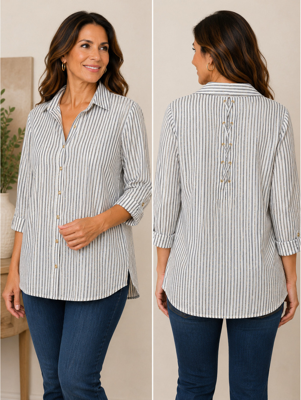 Jones‎ New York Signature Women's Striped Button-Up Shirt with Back Lace-Up